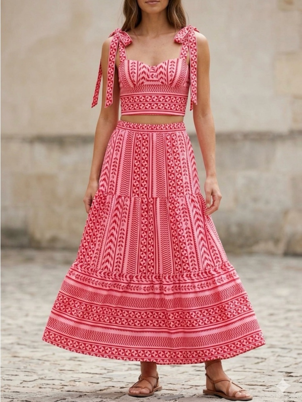 SHEIN Red and White Geometric Maxi Dress